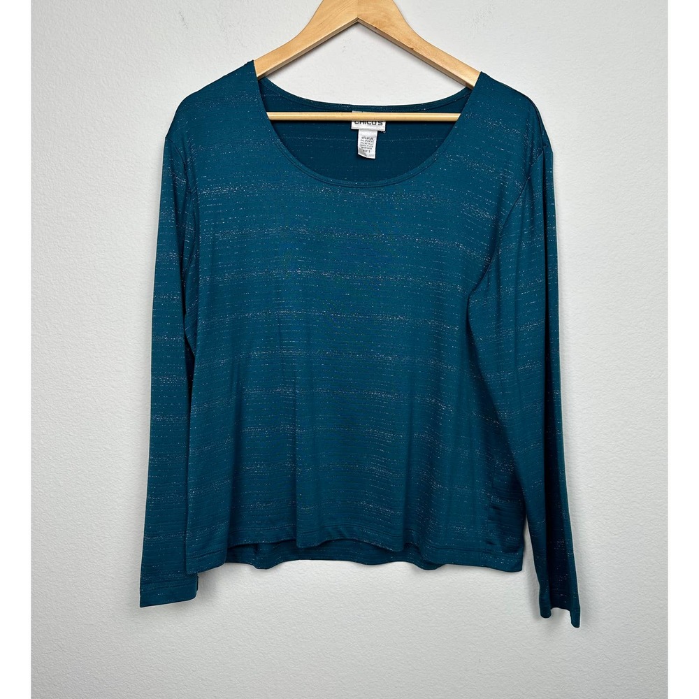 Chico's Size XL(3) Shimmery Silver Metallic Stripe Scoop Neck Long Sleeve Tee